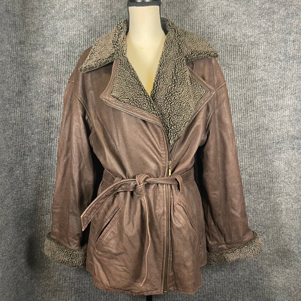 Vintage 90s Metropolitan Genuine Leather Sherpa Jacket Women M Brown Belted Coat